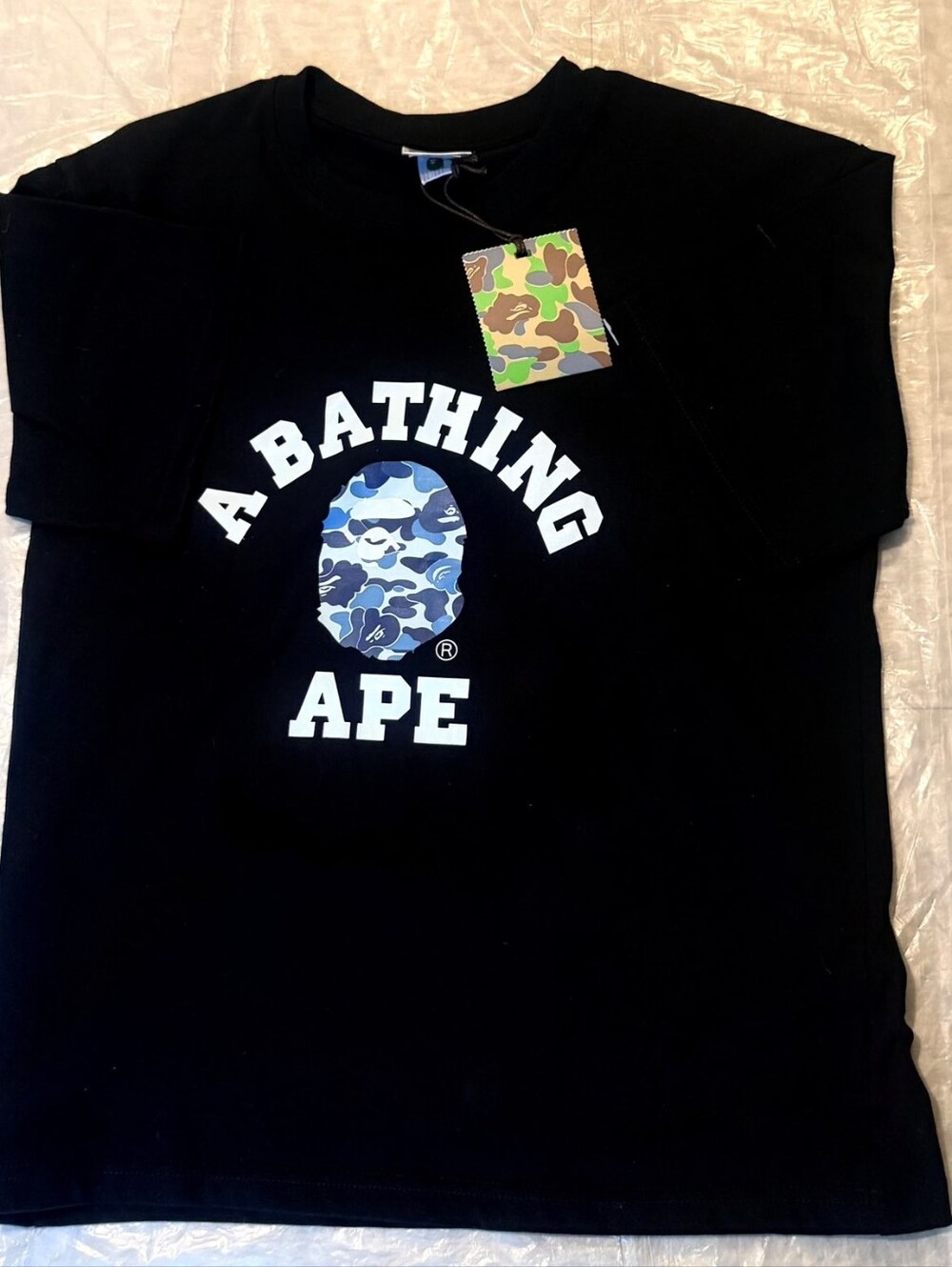 Bape Black Tee with Blue Camo Ape Head Logo